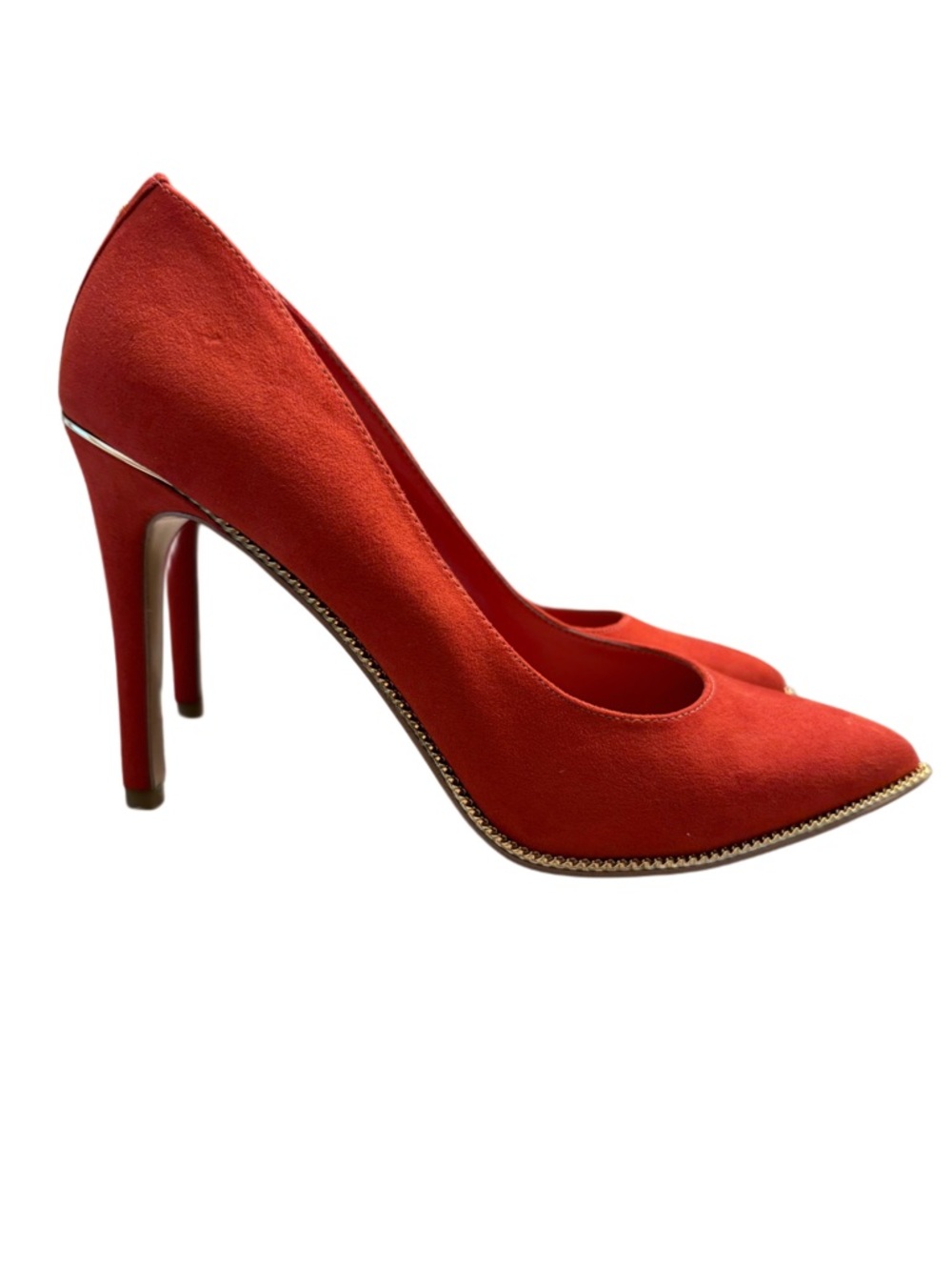 BCBGeneration RED SUEDE POINTED TOE PUMPS WITH GOLD TRIM - Picture 4 of 6